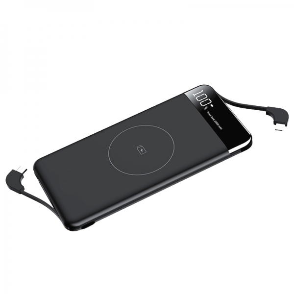 Customized Logo Portable Slim Mobile Battery Type C Micro Cable Qi Wireless Charging Powerbank 10000 Mah built in cable