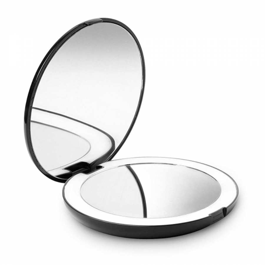 Portable Hand-Held Smart Travel Led Lighted Vanity Black Round Makeup Mirror