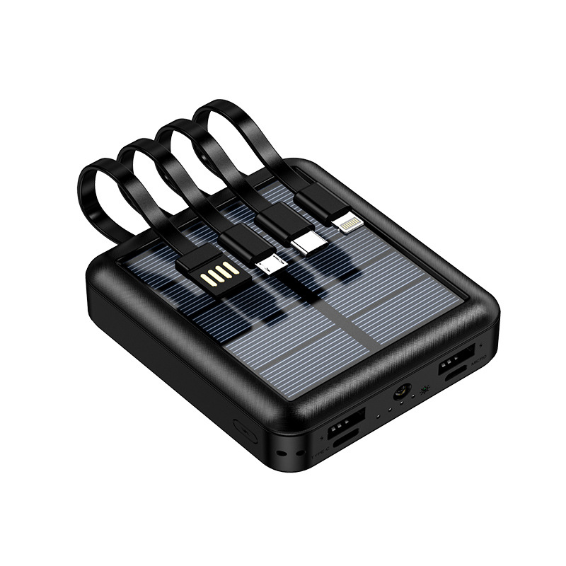 Mini solar power bank with built-in cable, 10000mAh fast charging portable power bank